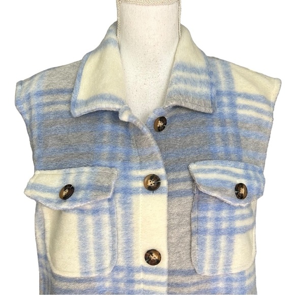 BOOHOO Blue CHECK Plaid SLEEVELESS SHACKET Sz Small Wool Blend Fall NEW - Picture 3 of 9